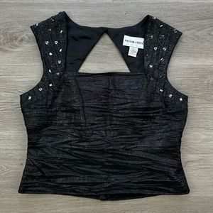 Vintage Victor Costa Black Rhinestone Beaded Sleeveless Crop Top Size 8 Medium